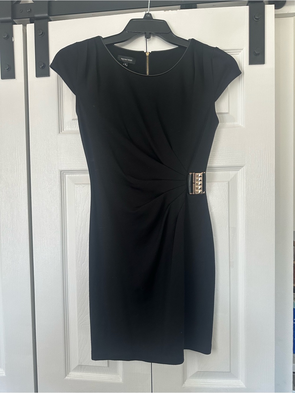 Spense Women’s Black Ruched Bodycon Sheath Dress Gold Detail Size 4